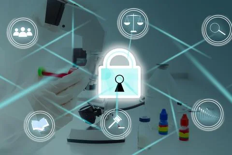 Doctor pushing button locked shield virus security virtual healthcare network Stock Photos