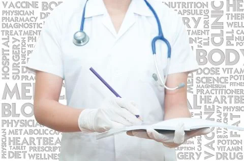 Doctor put a note on the book with the word cloud, medical concept Illustrazione stock