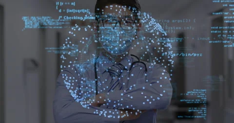 Doctor raising arms causing sphere emerging from chest displaying Python Java Stock Footage 314848766