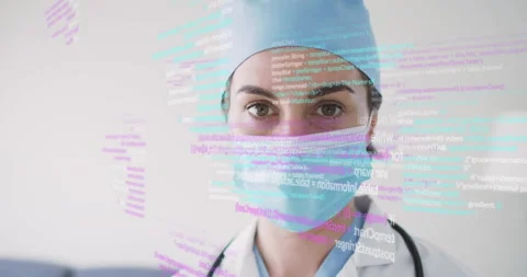 Doctor reacting to floating code while animated overlay intensifies mask for Stock Footage 315896628