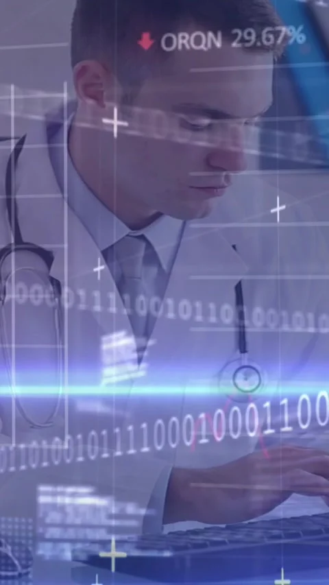 Doctor reading screen and typing on keys in clinic, binary charts overlaying Stock Footage 331720896