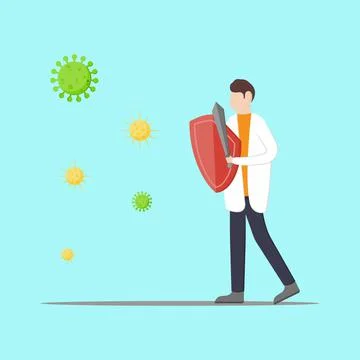 Doctor reflect  attack  from viruses and bacterias by shield and sword. Medic Stock Illustration