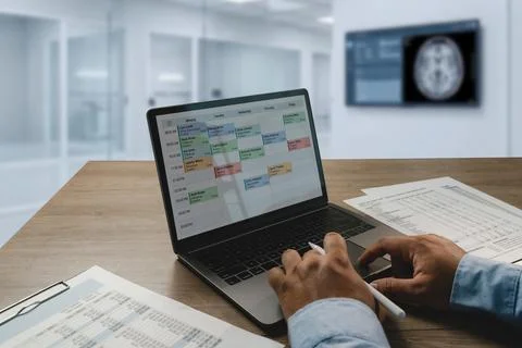 Doctor reviews reports while using laptop displaying a weekly medical appoi.. Foto stock