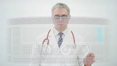 Doctor scrolls to GERIATRICS tab on a modern touchscreen display Stock Footage 137211331
