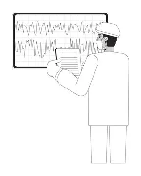 Doctor in scrubs analyzing brainwave data on monitor bw 2D line character Stock Illustration