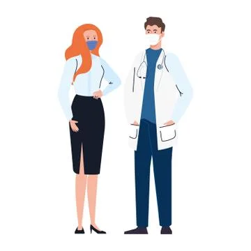 Doctor with secretary worker using face mask during covid 19 on white background Illustrazione stock