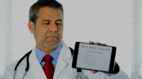 Doctor shows tablet with 4 things to avoid contracting and spreading viruses 스톡 동영상 127147550