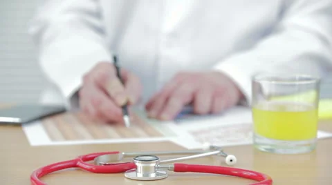 Doctor sitting at his desk doing his accounts Stock Footage 61716154