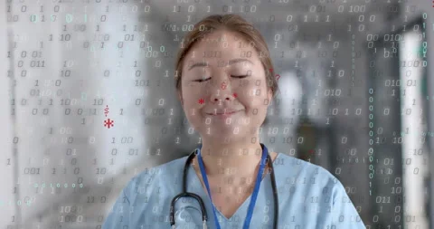 Doctor smiling in ward with binary code intensifying on badge then laughing as Stock Footage 314686882