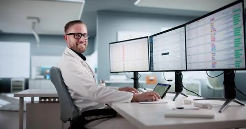 Doctor Smiling While Coding Medical Invoices On Multiple Computer Screens. Stock Photos