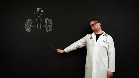 Doctor standing at chalkboard illustrates problems with renal system and Stock Footage 146747437