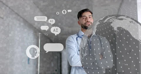Doctor standing corridor initiating chat icon appearing, globe forming showing Stock Footage 314734233