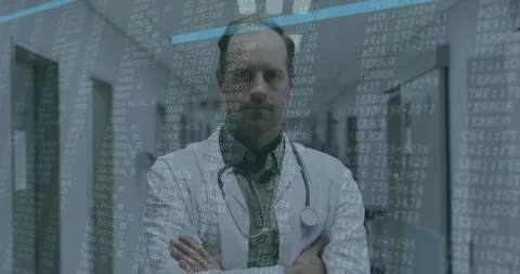 Doctor standing in corridor initiating code overlay and progressbar animating Stock Footage 312482721