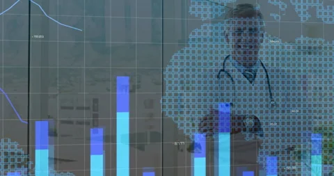 Doctor standing as grid appearing, bars rising, nodes forming world map, Stock Footage 313242176