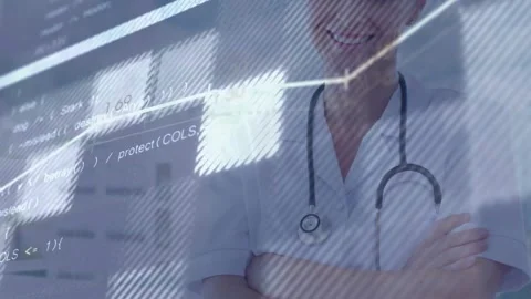 Doctor standing with stethoscope while line chart and code overlays sliding, Stock Footage 332405241