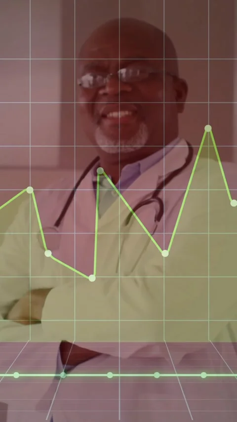 Doctor with stethoscope analyzing animation of fluctuating financial data in Stock Footage 344244683