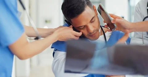 Doctor stress, burnout and people hands for phone call, documents and x ray Stock Photos