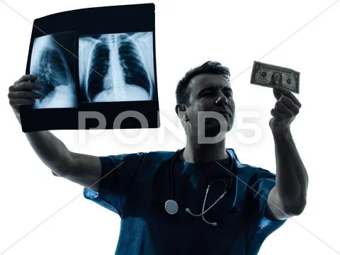 Doctor surgeon man examing dollar bill silhouette Stock Photos