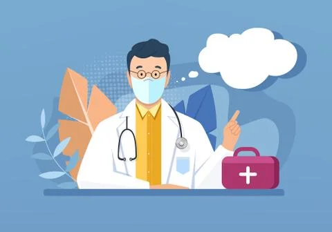 Doctor at the table with first aid kit Stock Illustration