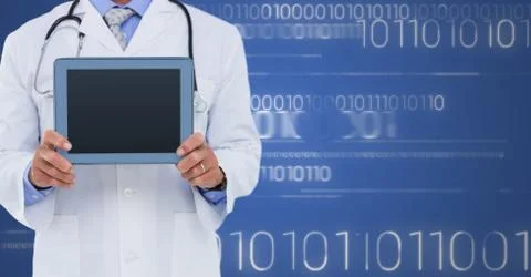 Doctor with tablet against white binary code and blue background Stock Photos