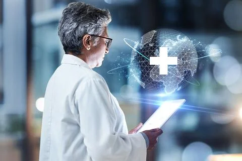 Doctor, tablet and digital hologram for future healthcare, research or global Stock Photos