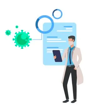 Doctor with a tablet in his hand, the study of coronavirus, COVID 19, vector Stock Illustration
