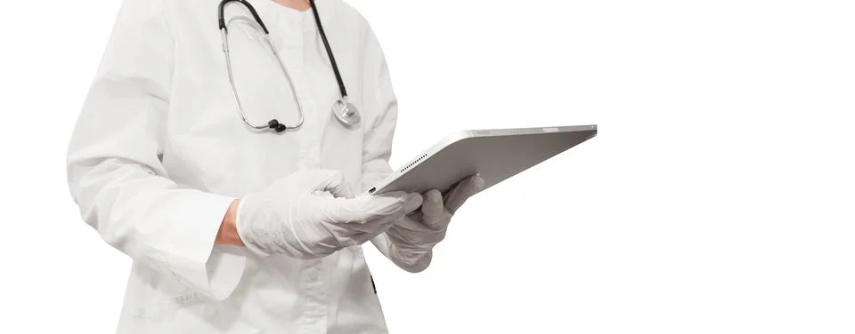 Doctor with tablet on white background . Digital healthcare and network. Virtual Illustrazione stock