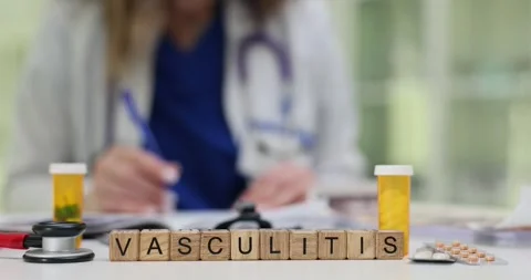 Doctor takes notes at desk with Vasculitis on blocks on table Stock Footage 317173186