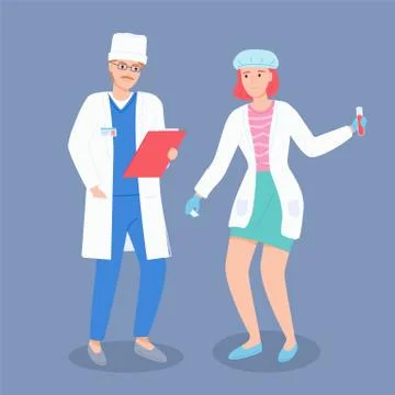Doctor talking with laboratory assistant about test woman holding flask with Stock Illustration