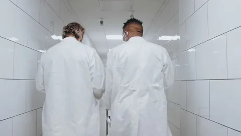 Doctor talks with nurse while walking at the hospital hall, back view 스톡 동영상 166664762