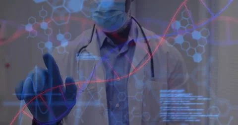 Doctor tapping hologram interface tracing red helix code running initiating Stock Footage 310972912