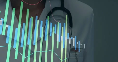 Doctor tapping reflex hammer and animating data bars while red line graph Stock Footage 311664232