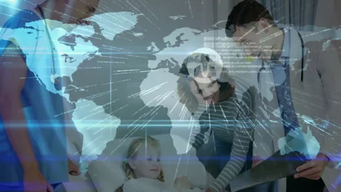 Doctor tapping tab initiating map overlay linking network while mother holding Video stock 311697548