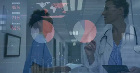Doctor tapping tablet and pointing, nurse walking hall, animated medical charts Video stock 332281297