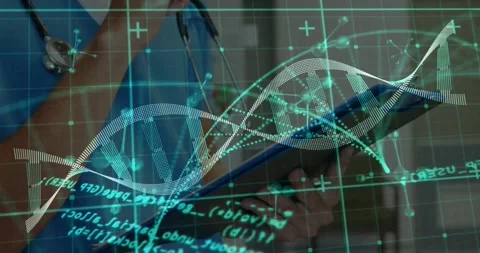 Doctor tapping tablet, animating DNA helix grids, code shifting for diagnosis, Stock Footage 330767917