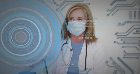 Doctor tapping tablet screen activating circle health overlays scrolling code 스톡 동영상 317206438