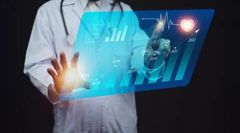 Doctor touch on visual screen checking data for medicine patient technology d Stock Photos