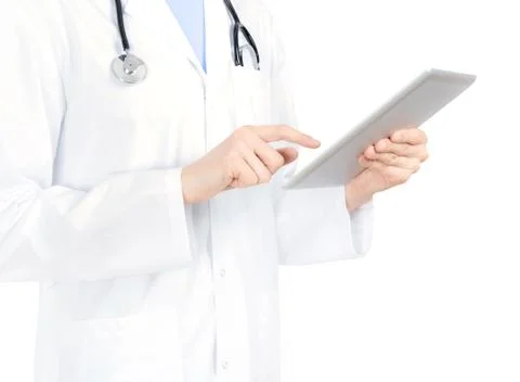 Doctor touching on digital tablet pc Stock Photos