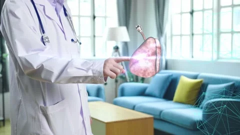 Doctor Touching Digital X-Ray Human Lung Holographic Scan Projection 3D Stock Footage 155239883