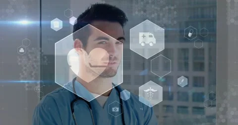 Doctor turning to camera after UI hexagons appearing, showing heart monitoring Stock Footage 330331557