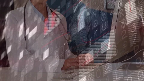 Doctor typing on computer keyboard merging medical tech data with animated 動画素材 307551306