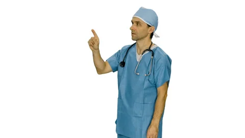 Doctor in uniform tapping on virtual touchs creen, alpha channel included Stock-Footage 124555709