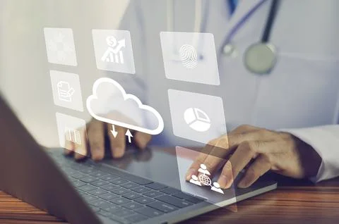 Doctor upload data for patient on cloud computing Stock Photos