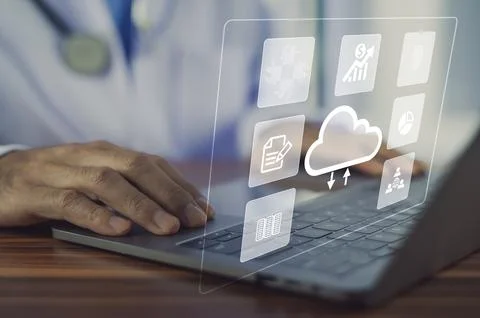 Doctor upload data for patient on cloud computing Stock Photos
