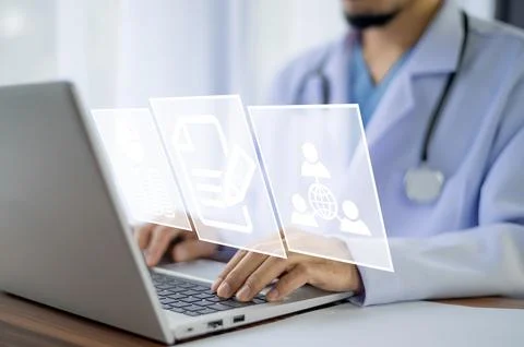 Doctor use computer connection server data base patient for technology treatm Stock Photos
