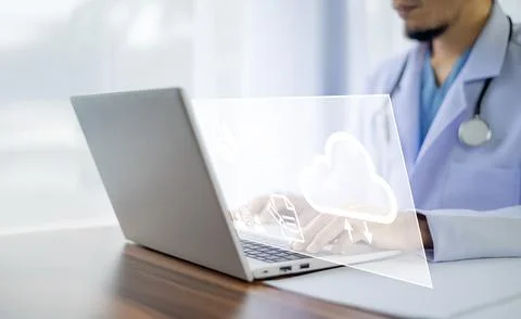 Doctor use computer connection server data base patient for technology treatm Stock Photos