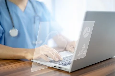 Doctor use computer connection server data base patient for technology treatm Stock Photos