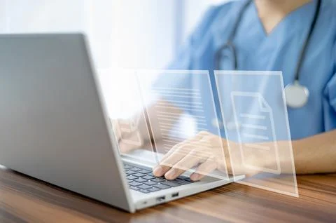 Doctor use computer connection server data base patient for technology treatm 스톡 사진