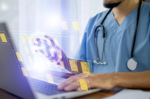 Doctor use computer connection server data base document folders of patient.. Stock Photos