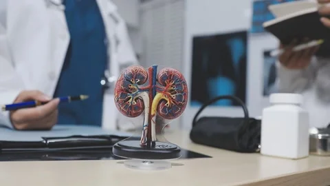 Doctor uses anatomical model to explain male urinary system. Model labeled .. Stock Footage 332664510